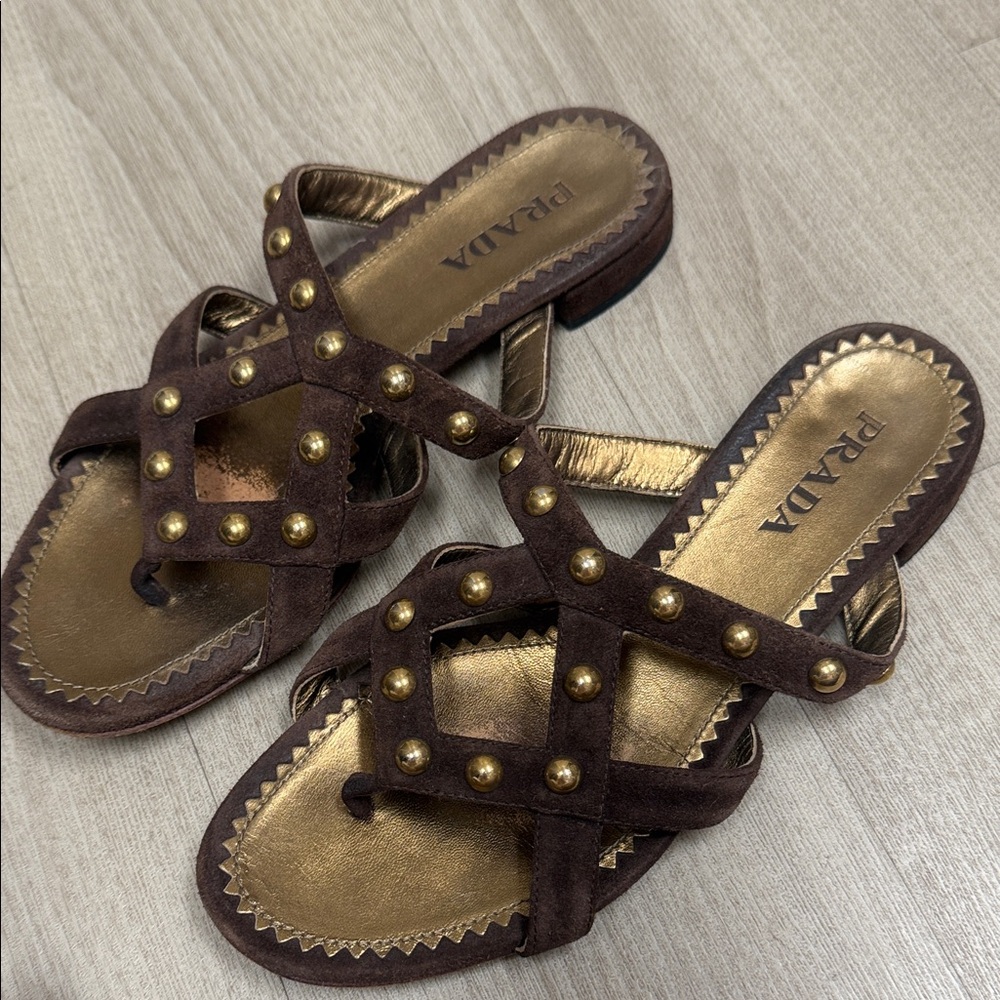 Prada Gold and Brown Studded Sandals